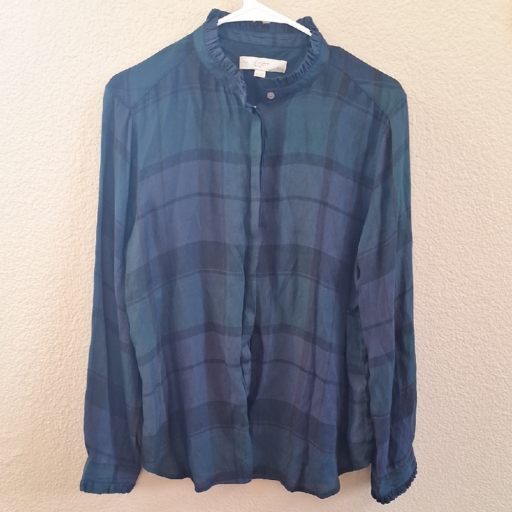 LOFT Plaid Ruffle Blouse, Blue-green-black, Size:petite